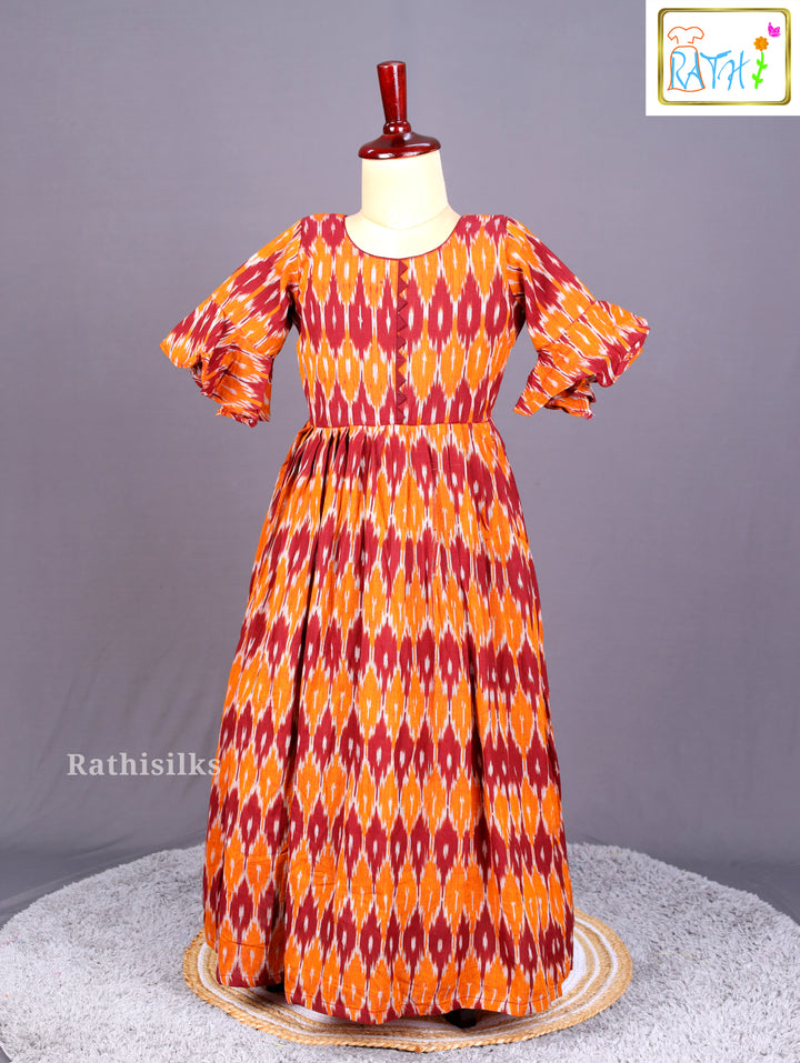 Orange and Maroon Ikat Long Frock