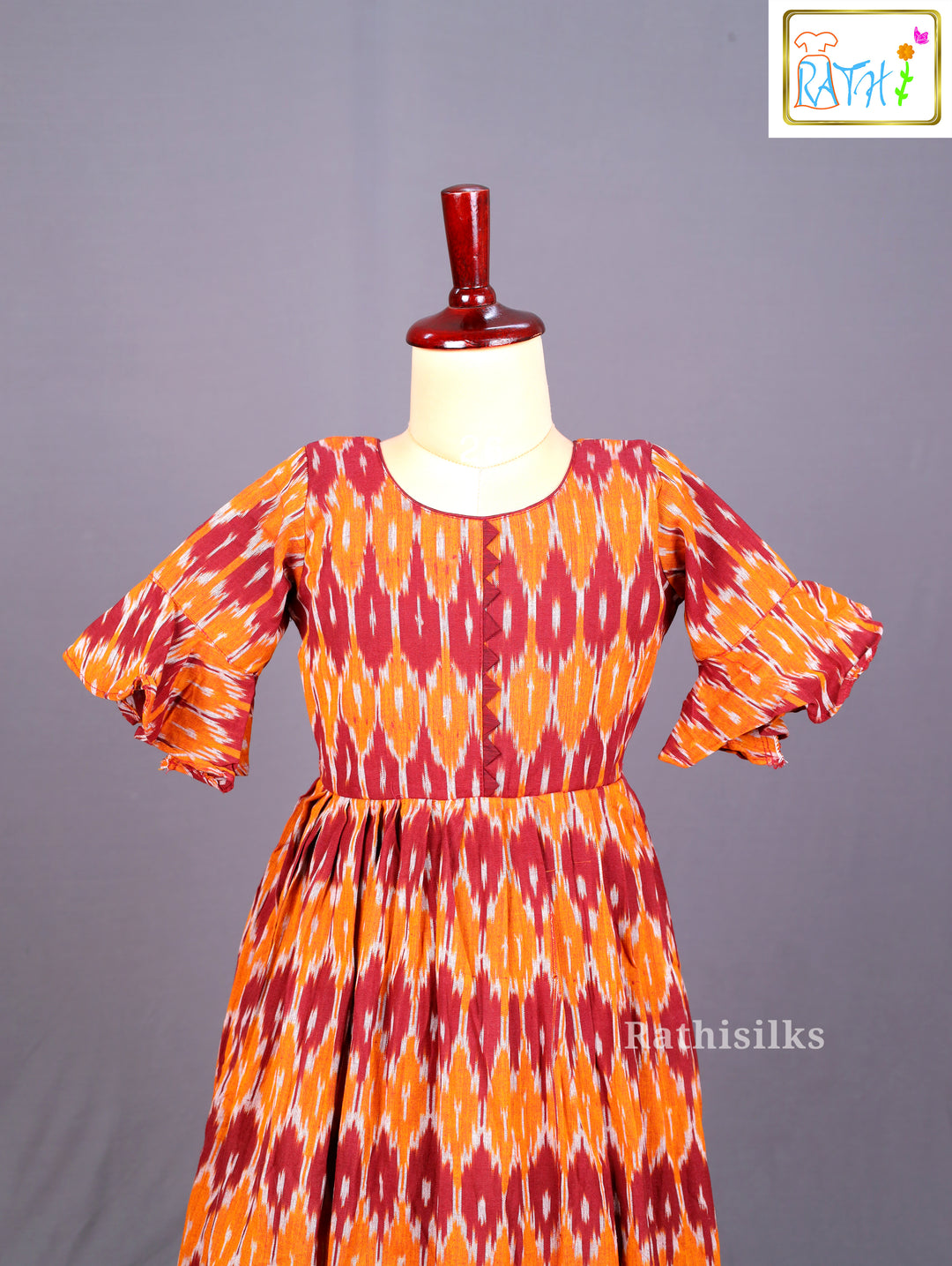 Orange and Maroon Ikat Long Frock