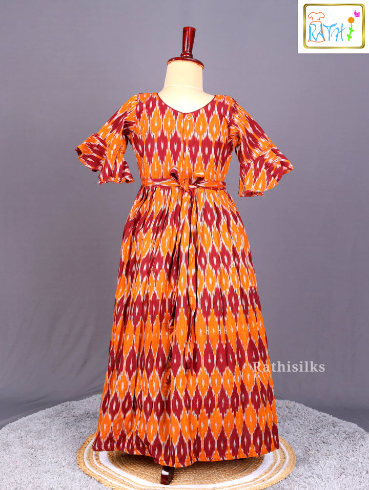 Orange and Maroon Ikat Long Frock