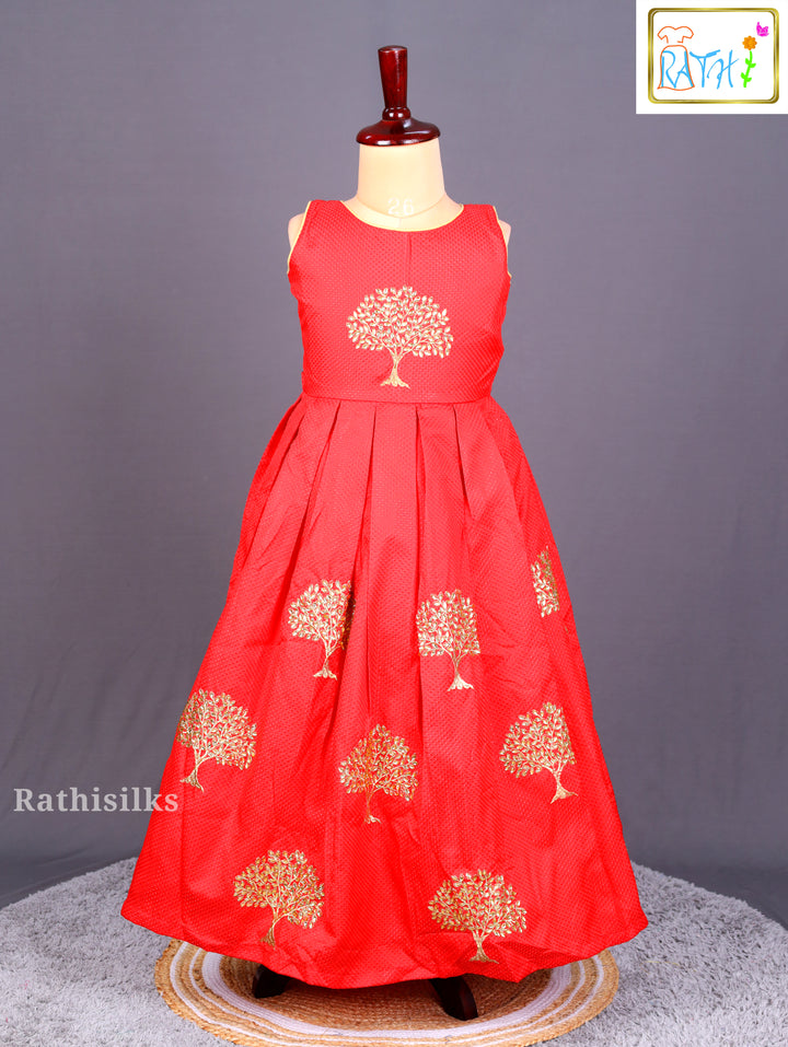 Red and Gold Tree Motif Long Frock