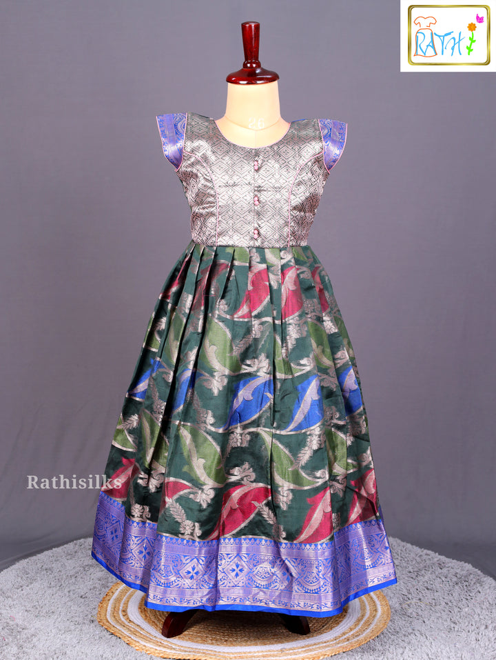 Bottle Green and Metallic Brocade Ethnic Frock