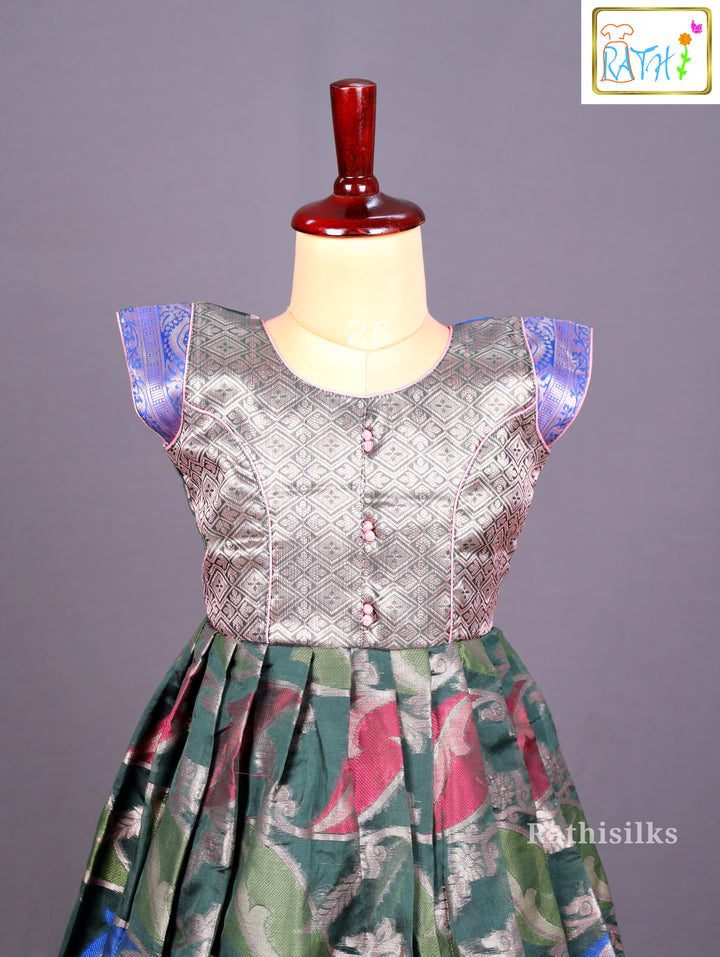 Bottle Green and Metallic Brocade Ethnic Frock