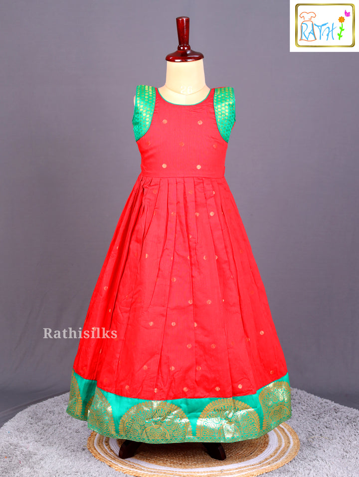 Festive Red and Green Brocade Long Frock