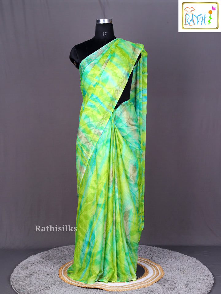Lime Green and Aqua Watercolor Print Saree