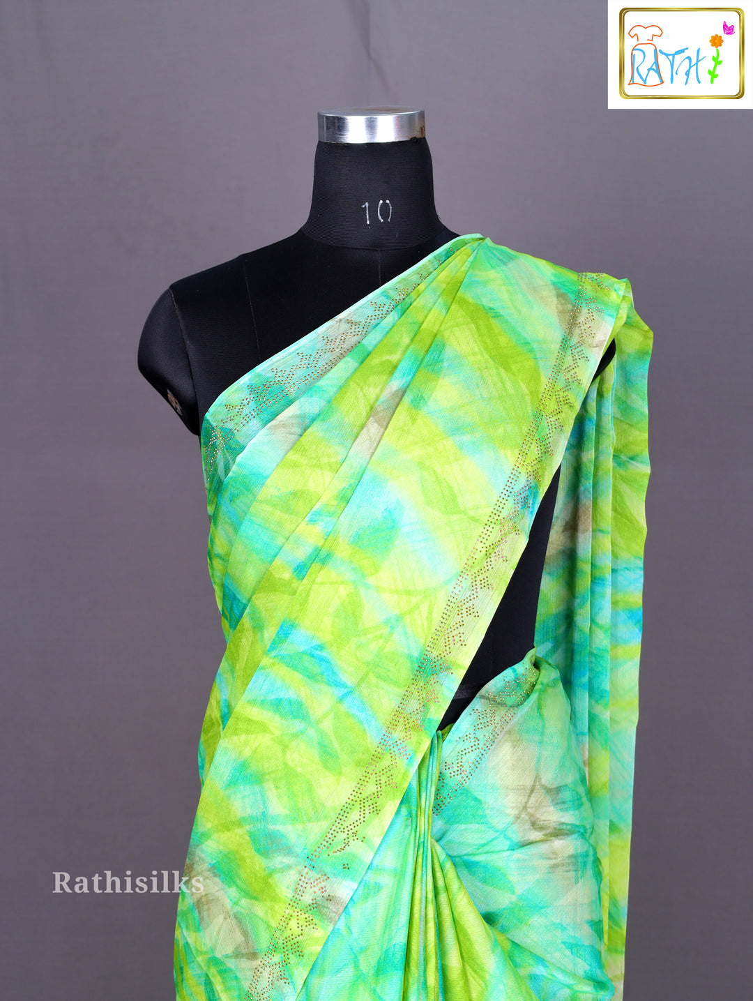 Lime Green and Aqua Watercolor Print Saree