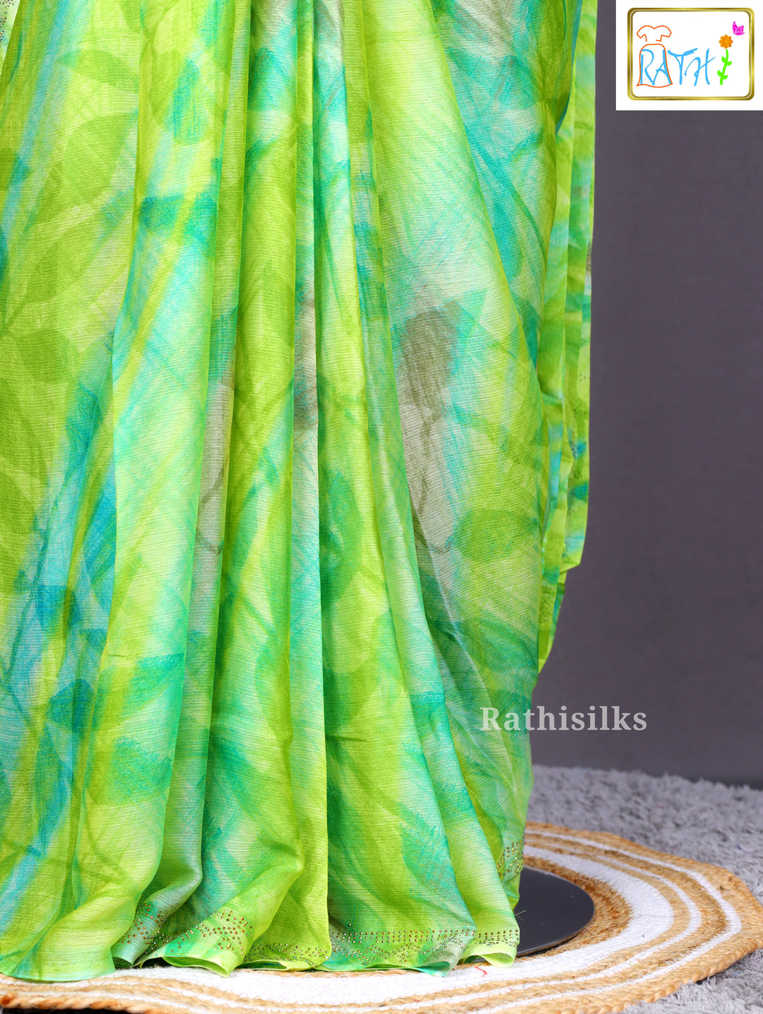 Lime Green and Aqua Watercolor Print Saree
