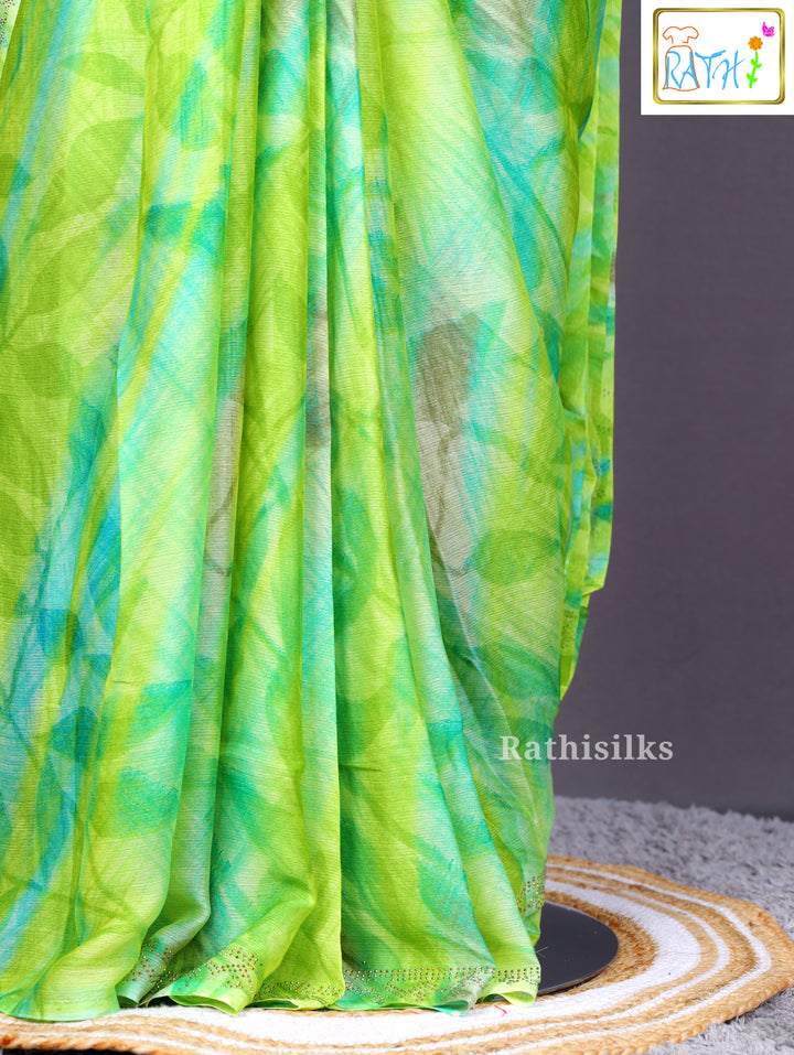 Lime Green and Aqua Watercolor Print Saree