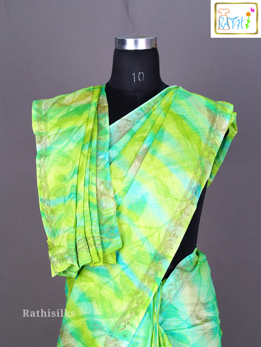 Lime Green and Aqua Watercolor Print Saree