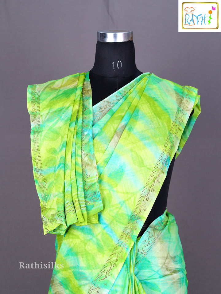 Lime Green and Aqua Watercolor Print Saree