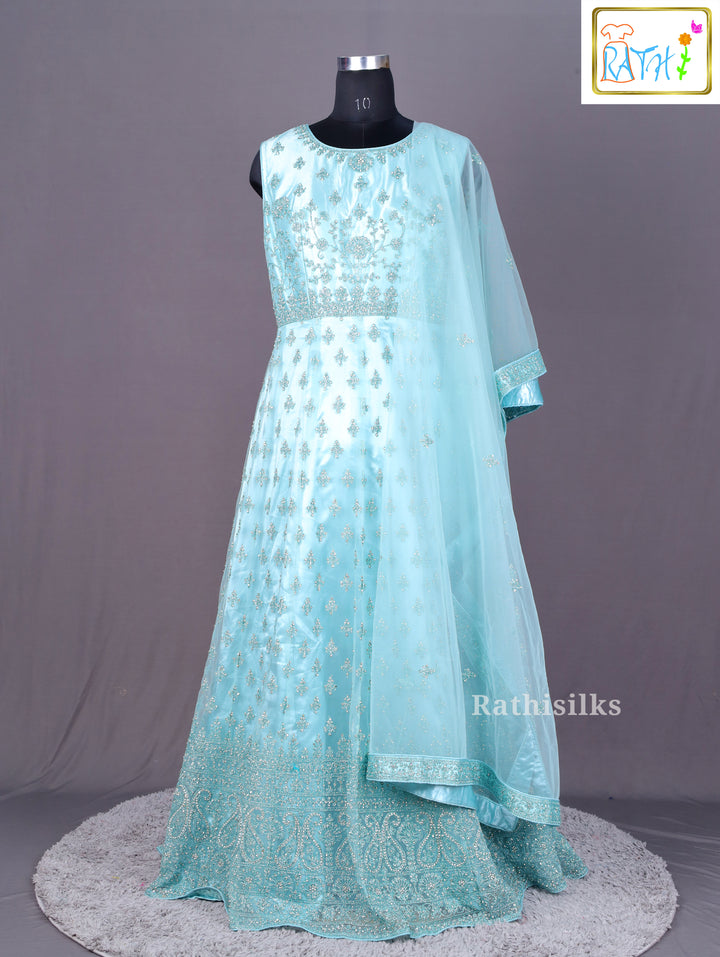 Aqua Blue Embroidered Net Lehenga Set
