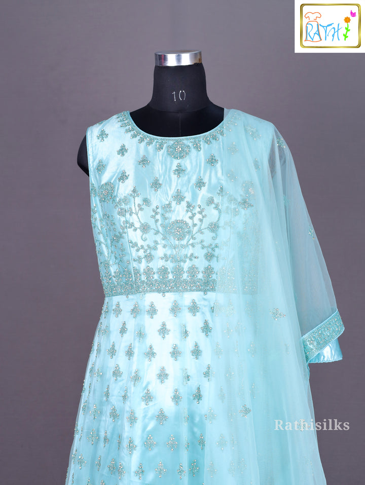 Aqua Blue Embroidered Net Lehenga Set