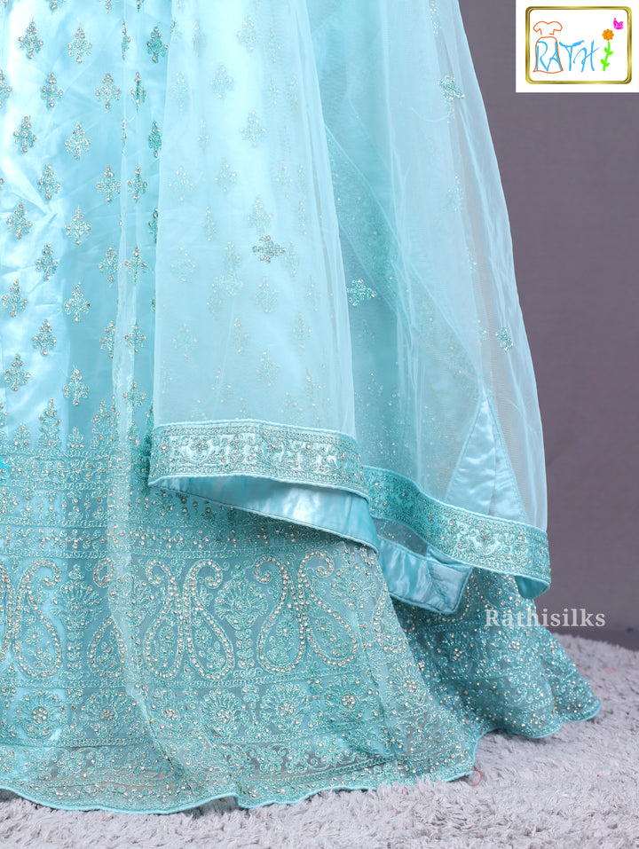 Aqua Blue Embroidered Net Lehenga Set