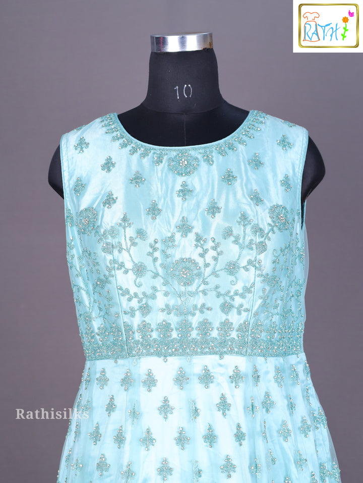 Aqua Blue Embroidered Net Lehenga Set
