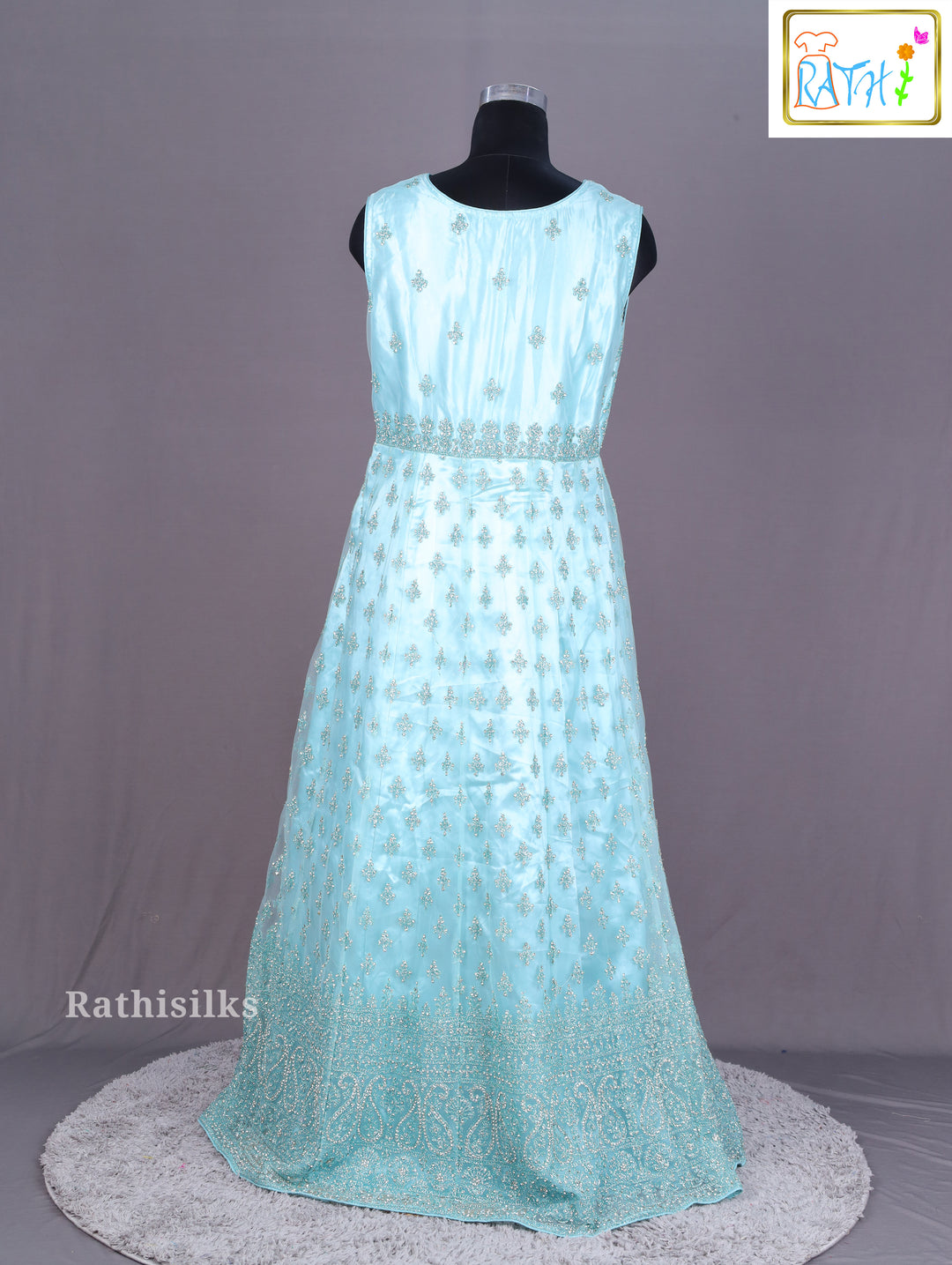 Aqua Blue Embroidered Net Lehenga Set