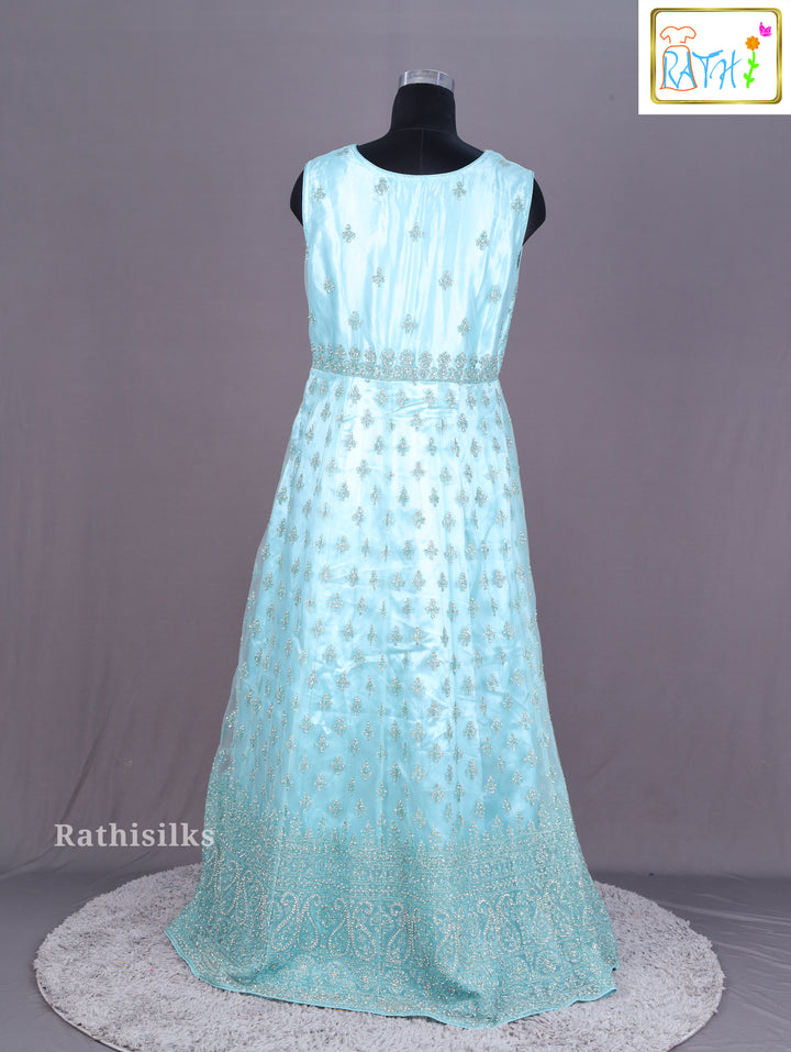 Aqua Blue Embroidered Net Lehenga Set