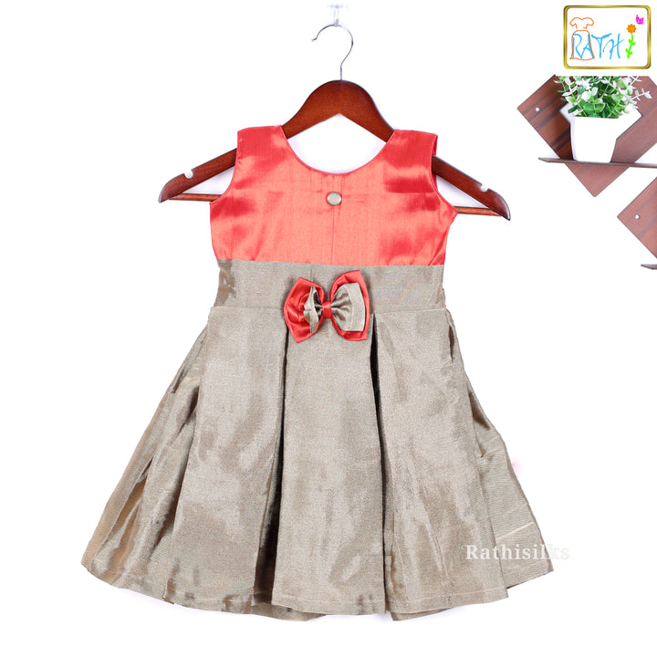 Elegant Gold & Red Frock with Bow Design
