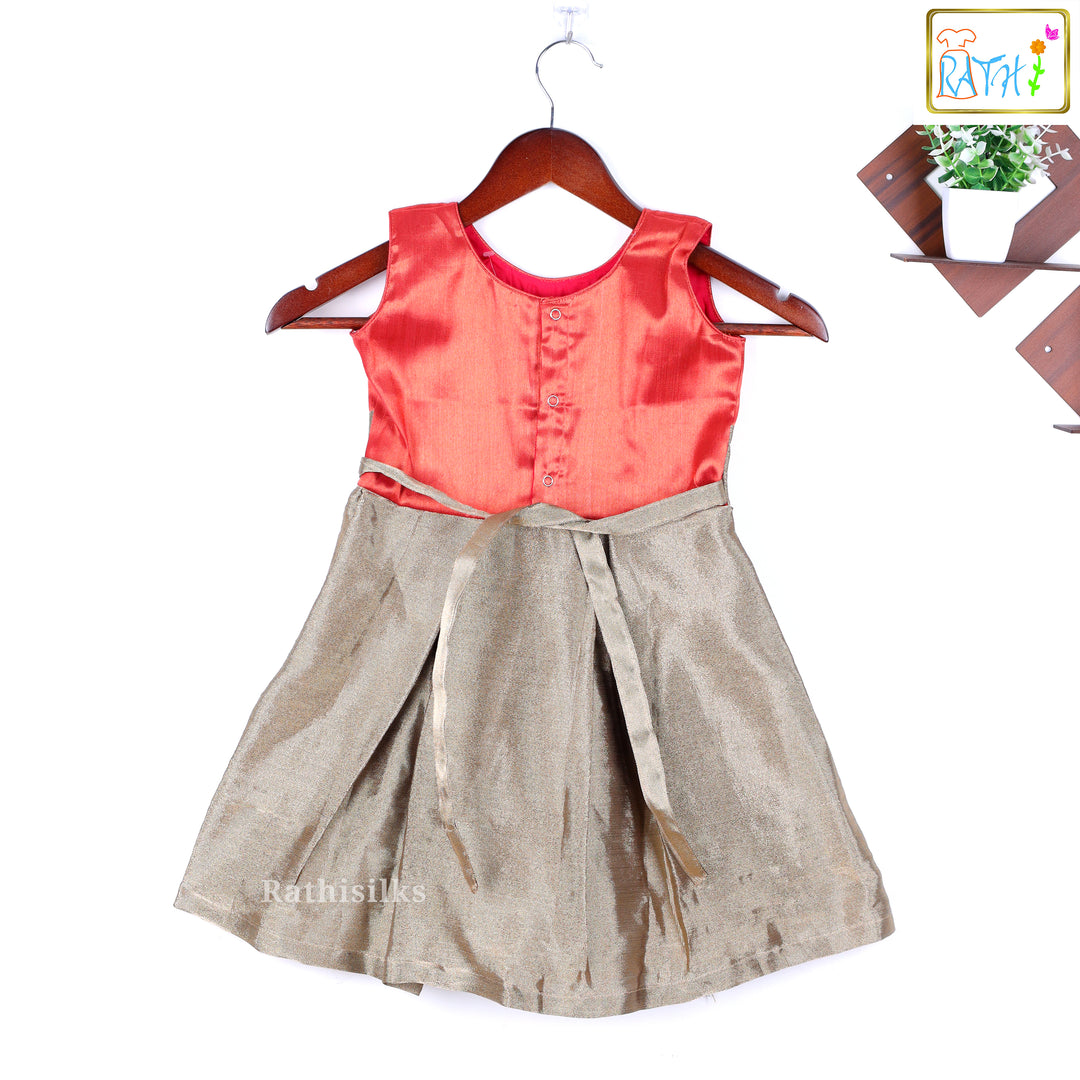 Elegant Gold & Red Frock with Bow Design