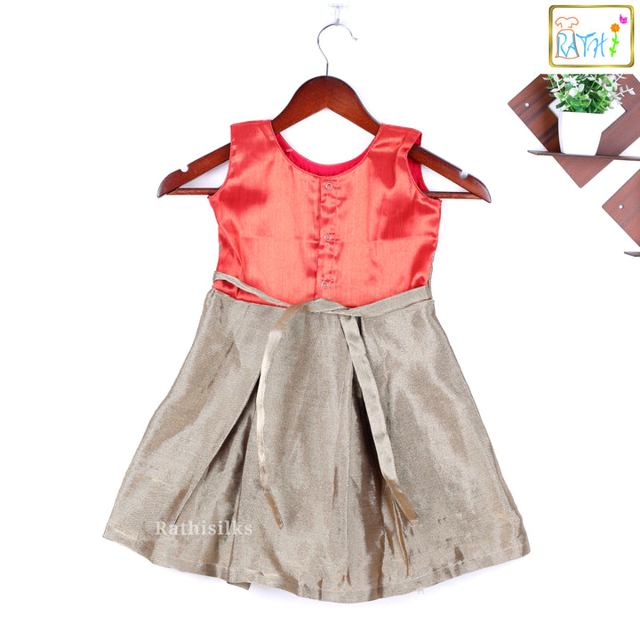 Elegant Gold & Red Frock with Bow Design