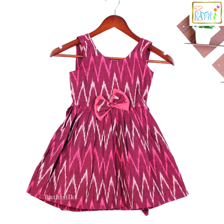 Maroon and Pink Woven Ikat Short Frock