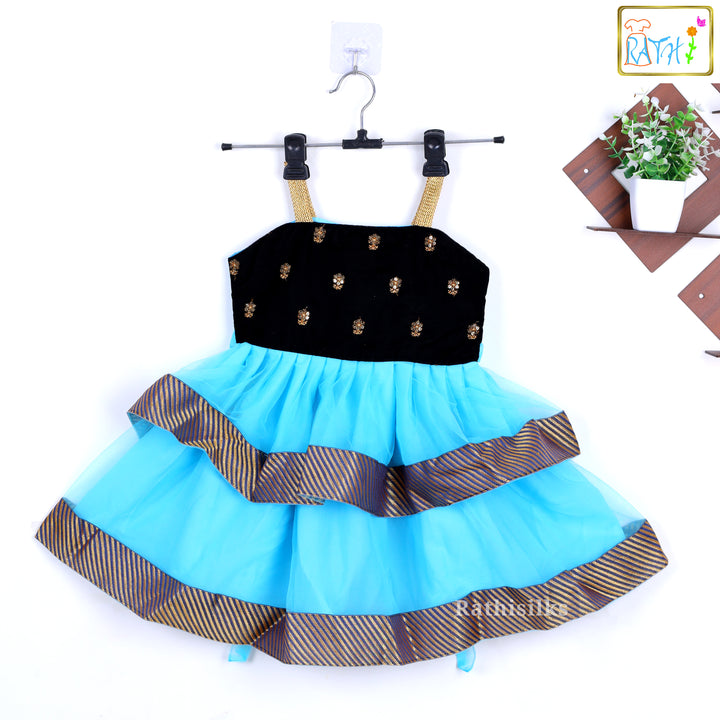 Elegant Sky Blue & Black Layered Party Frock