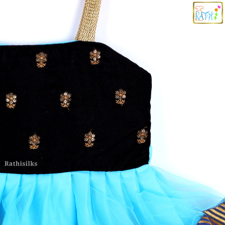 Elegant Sky Blue & Black Layered Party Frock