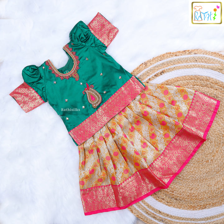 Emerald Green Blouse & Gold Pink Zari Pavadai Set
