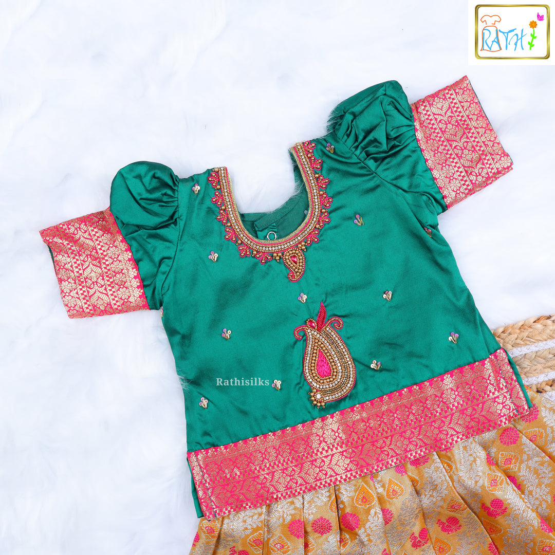 Emerald Green Blouse & Gold Pink Zari Pavadai Set