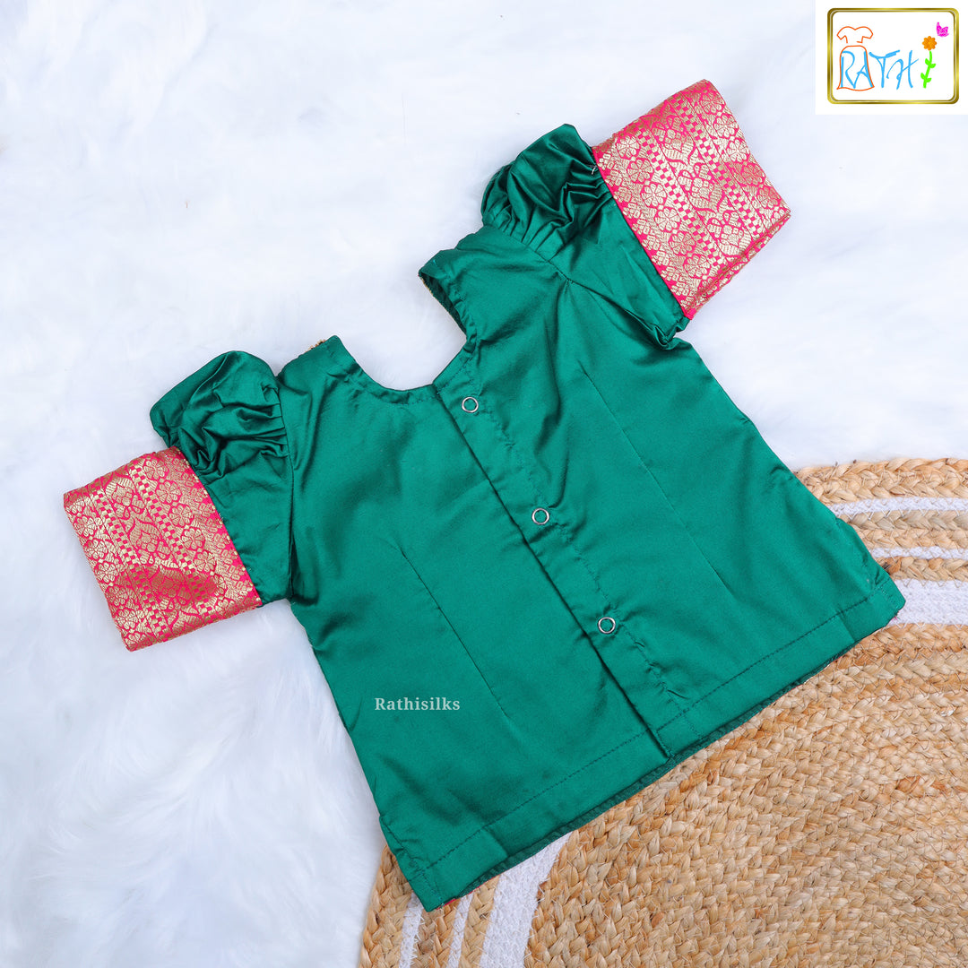 Emerald Green Blouse & Gold Pink Zari Pavadai Set