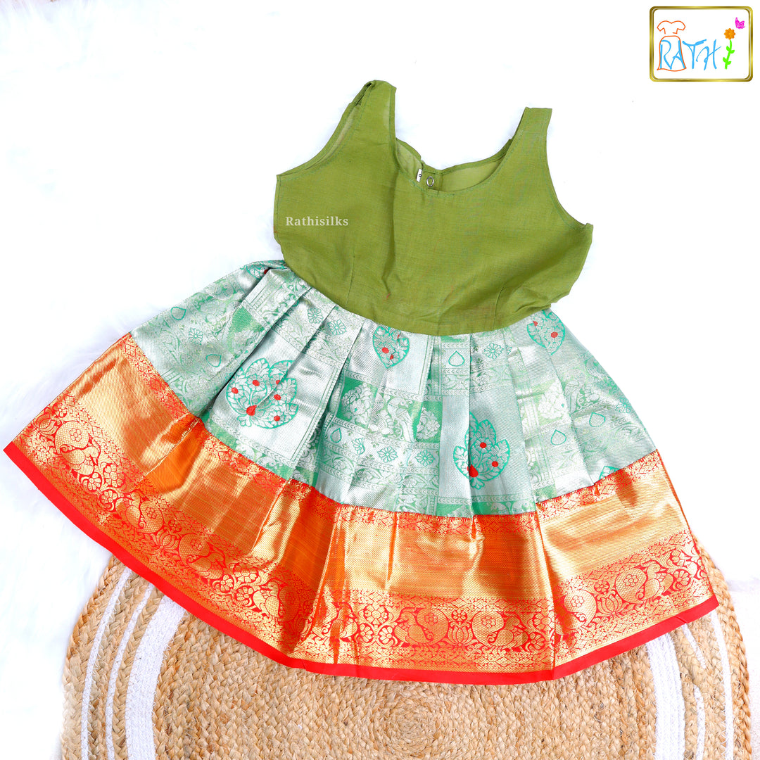 Emerald Green Blouse & Gold Pink Zari Pavadai Set