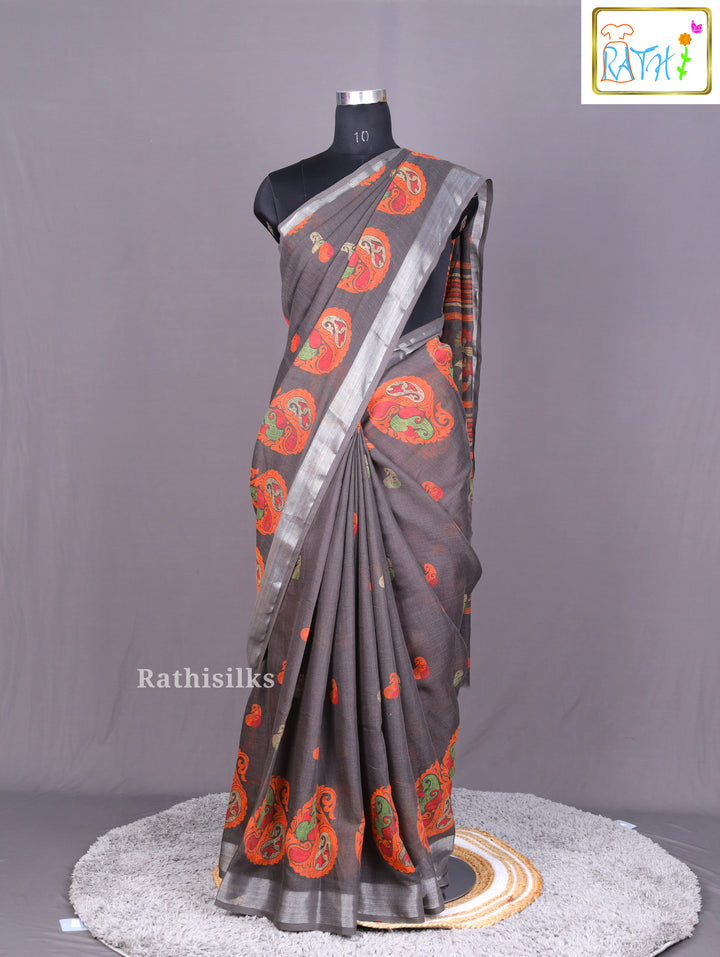Grey Printed Synthetic Saree