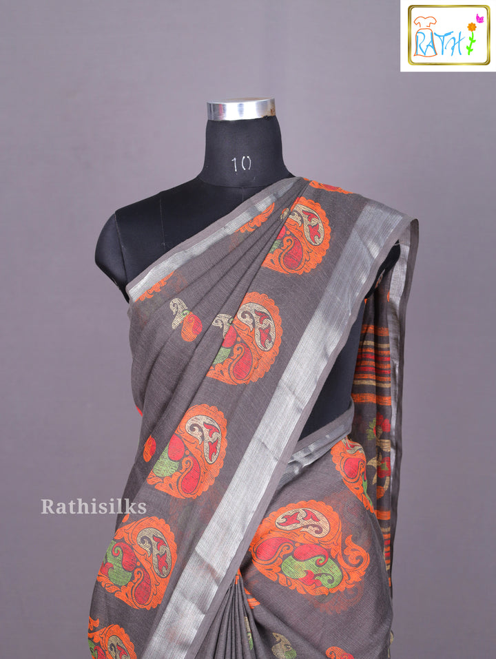 Grey Printed Synthetic Saree
