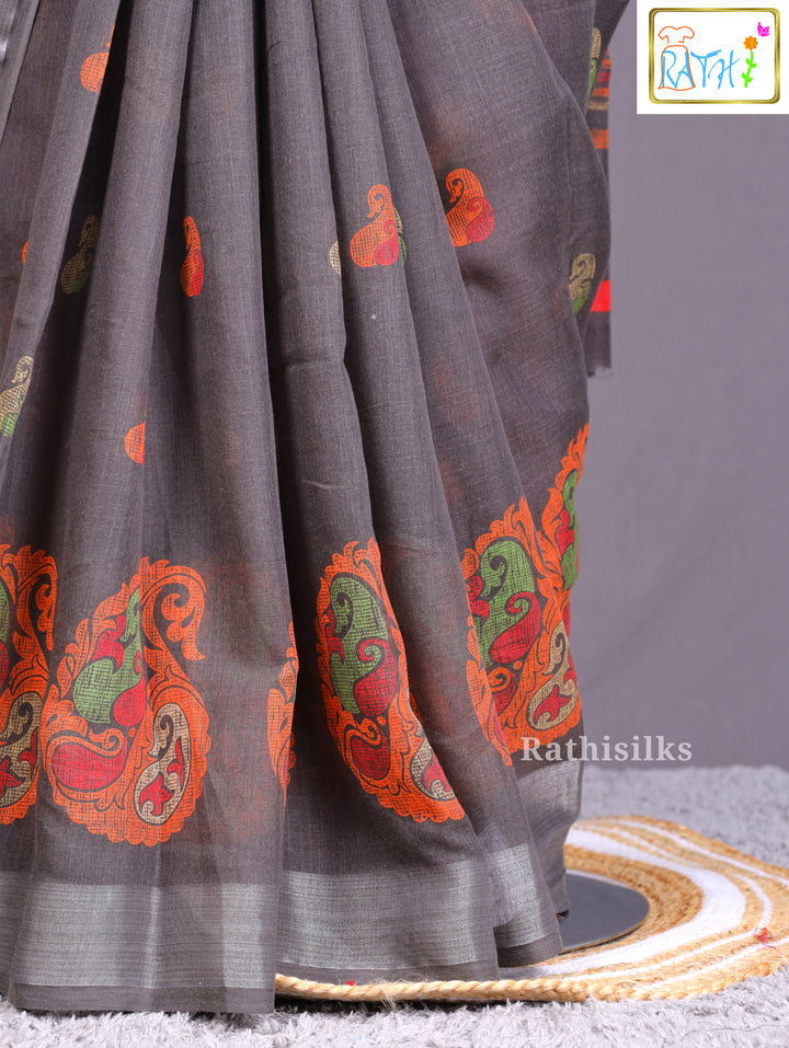 Grey Printed Synthetic Saree