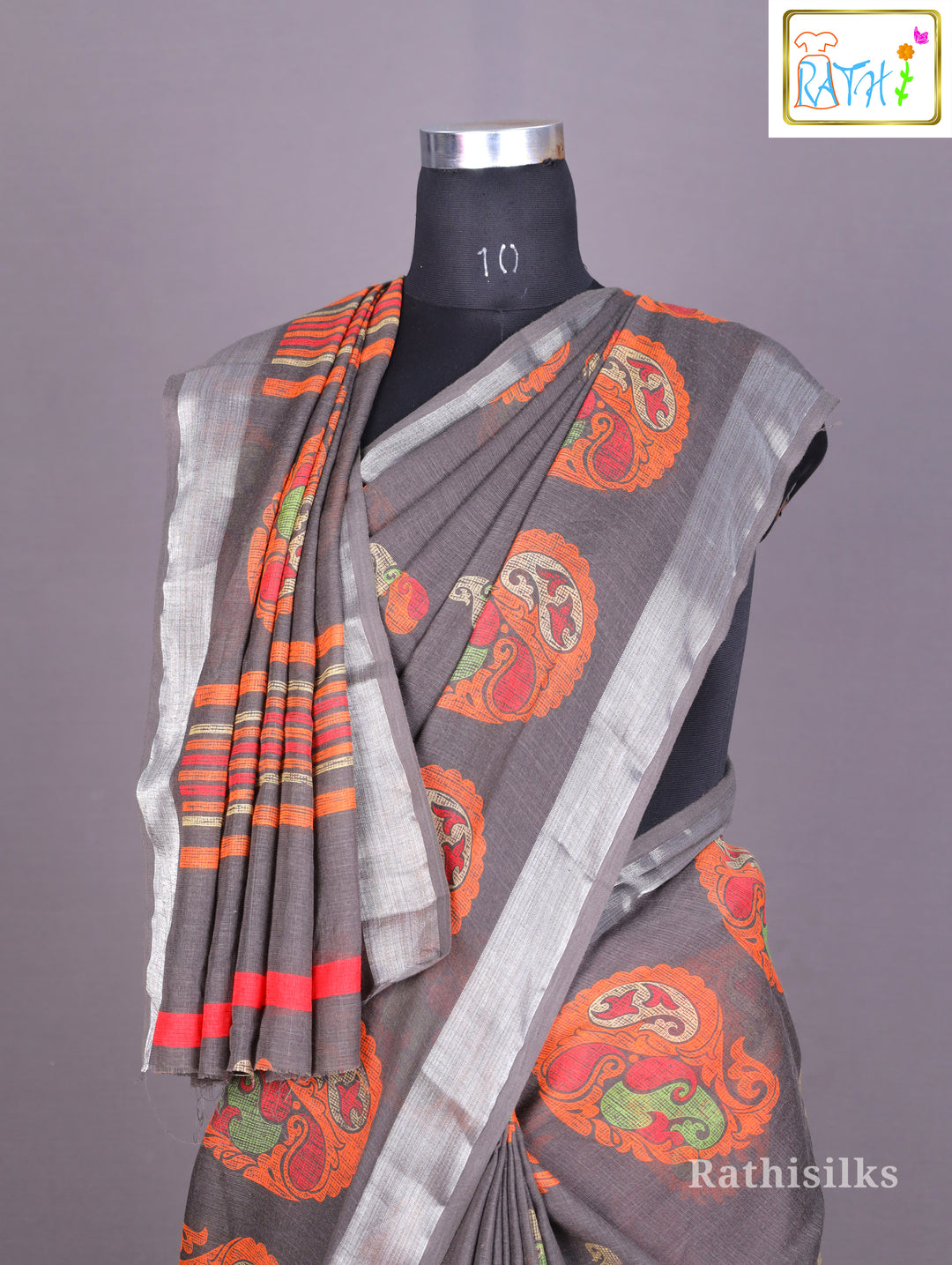 Grey Printed Synthetic Saree