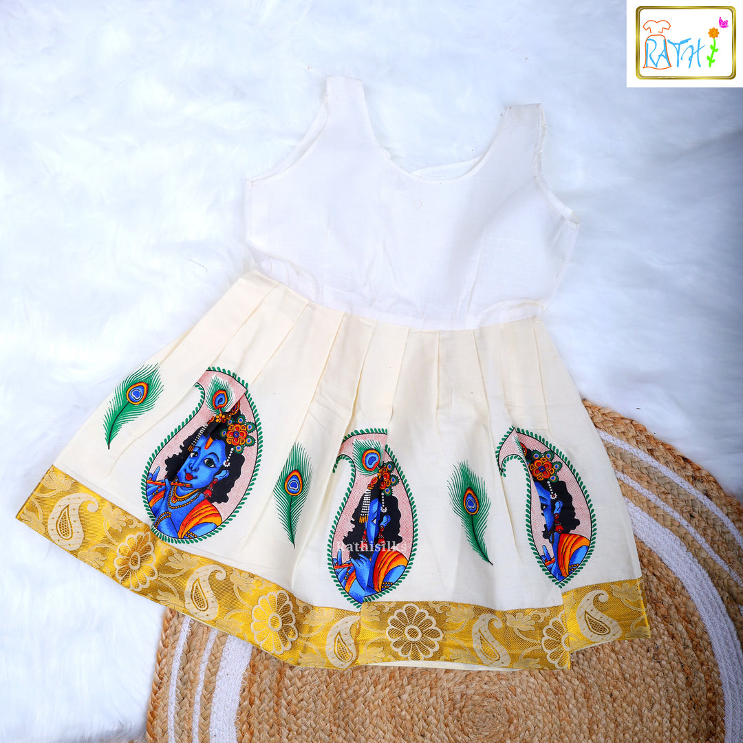 Ivory Krishna Print & Mustard Zari Pavadai Set