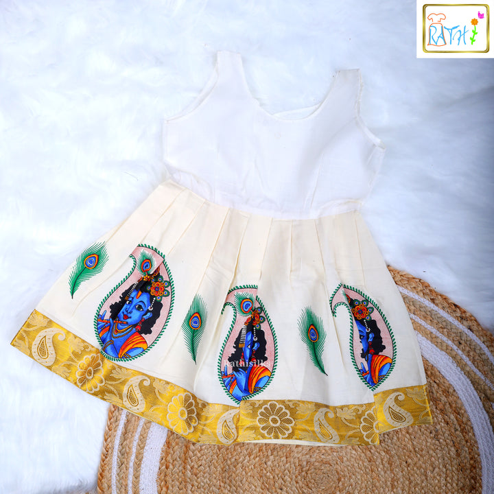 Ivory Krishna Print & Mustard Zari Pavadai Set