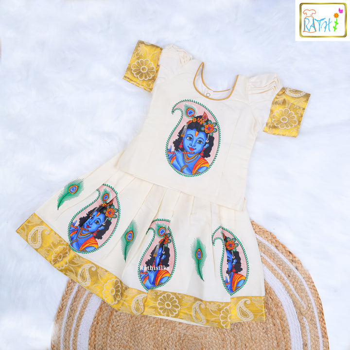 Ivory Krishna Print & Mustard Zari Pavadai Set