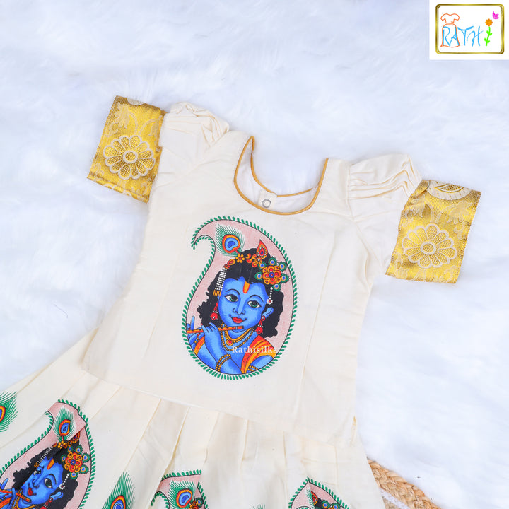Ivory Krishna Print & Mustard Zari Pavadai Set