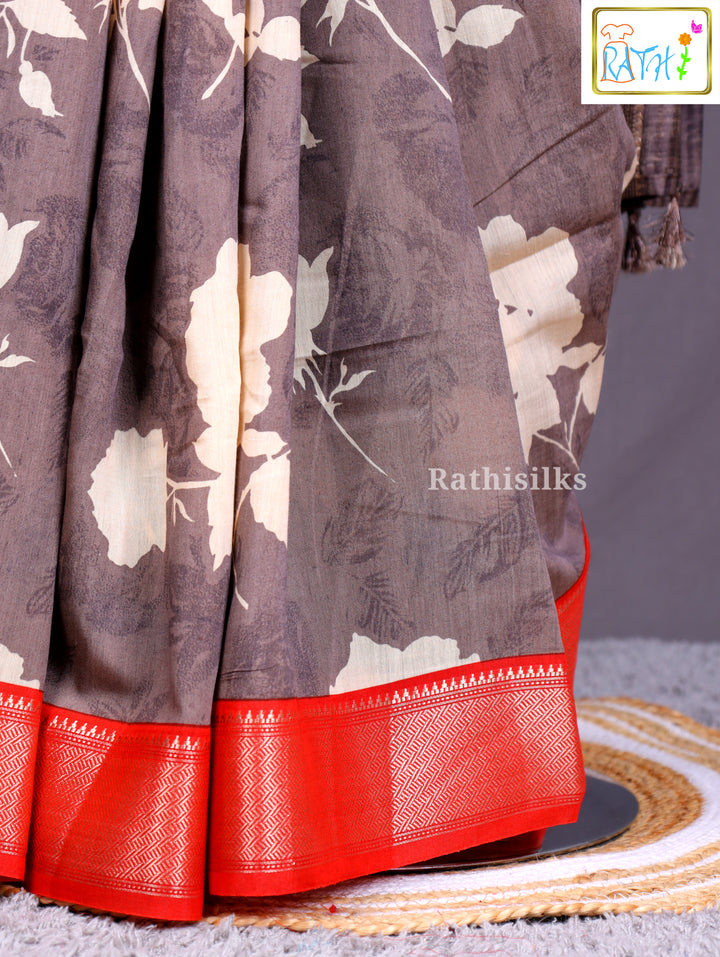 Grey Floral Print Synthetic Saree
