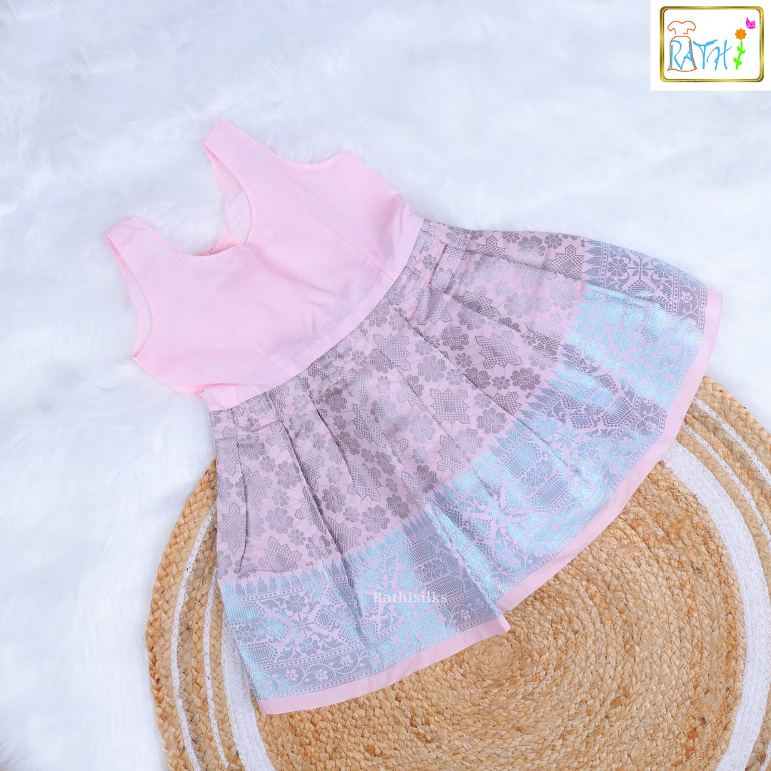 Royal Purple Bib-Neck Blouse with Pastel Pink Zari Pavadai