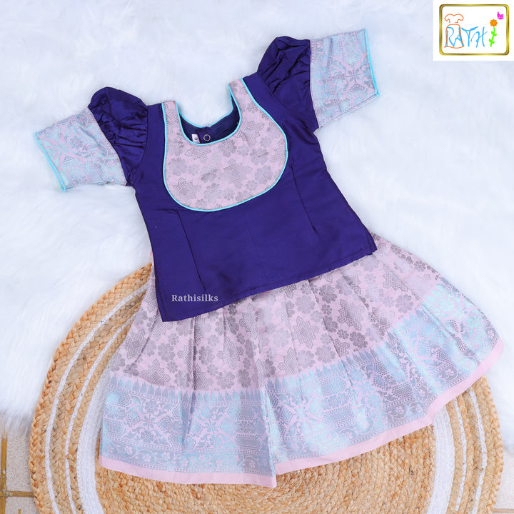 Royal Purple Bib-Neck Blouse with Pastel Pink Zari Pavadai