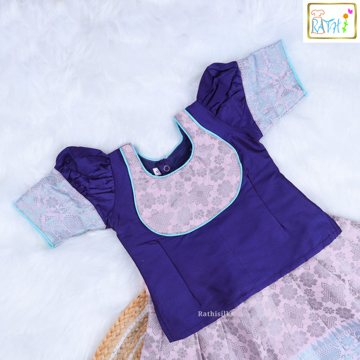 Royal Purple Bib-Neck Blouse with Pastel Pink Zari Pavadai