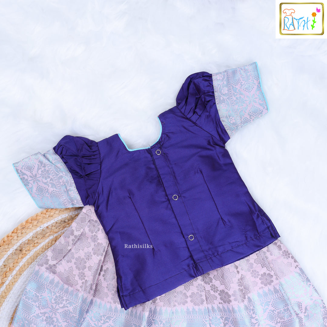 Royal Purple Bib-Neck Blouse with Pastel Pink Zari Pavadai