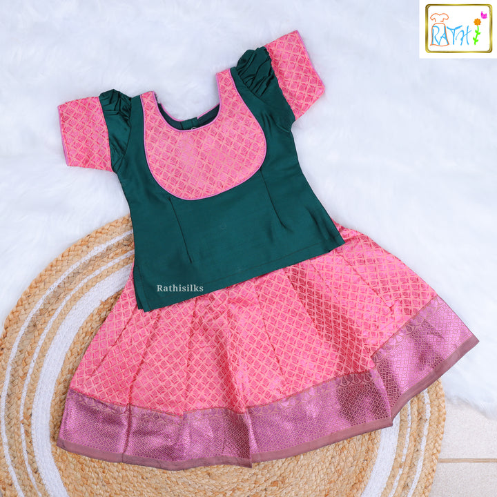 Emerald Green Bib-Neck Blouse with Pink Zari Pavadai