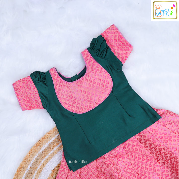 Emerald Green Bib-Neck Blouse with Pink Zari Pavadai