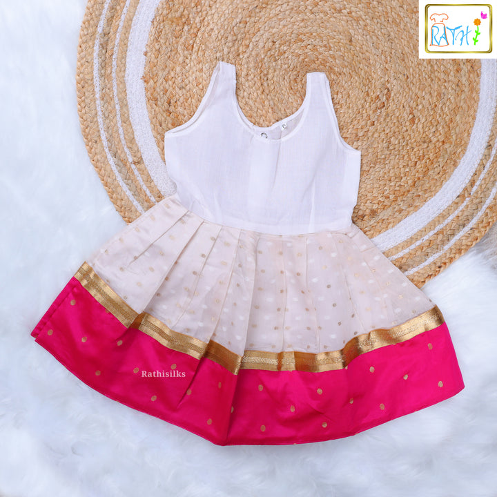 Pink Polka Blouse & Cream Zari Pavadai Set