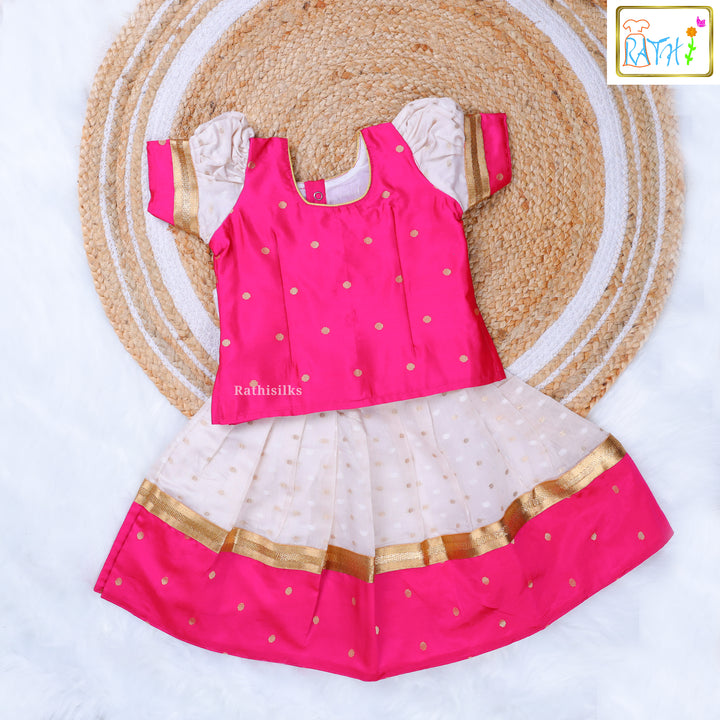 Pink Polka Blouse & Cream Zari Pavadai Set