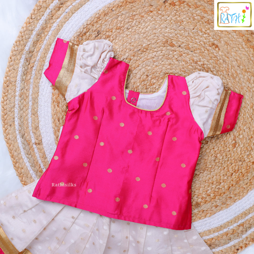 Pink Polka Blouse & Cream Zari Pavadai Set
