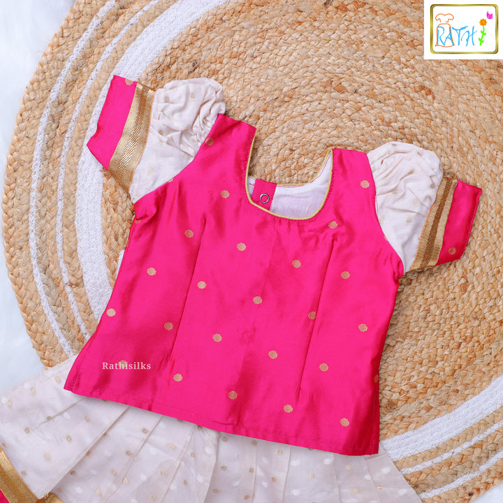 Pink Polka Blouse & Cream Zari Pavadai Set