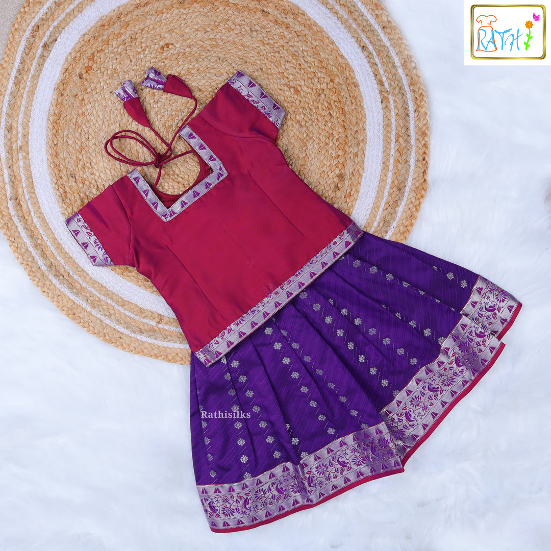 Maroon Blouse & Purple Zari Pavadai Set