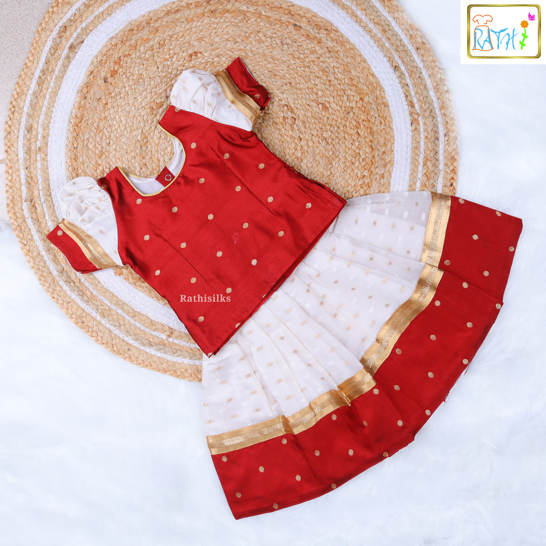 Red Polka Blouse & White Zari Pavadai Set
